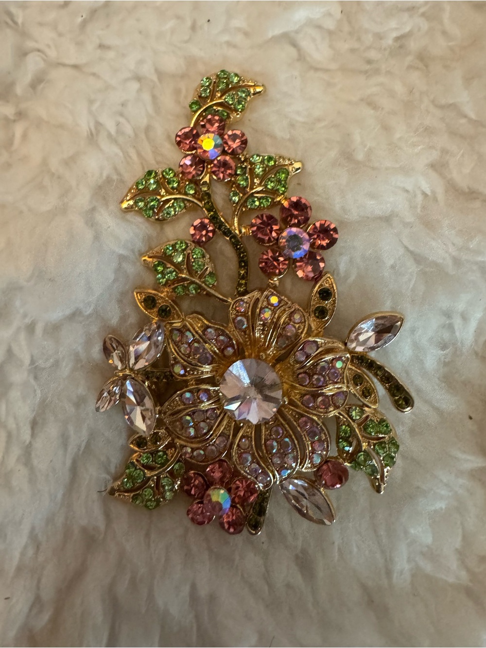 Source Unknown Gold Floral Brooch with Pink and Green Rhinestones